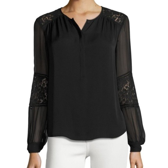 REBECCA TAYLOR Sarah Silk Lace-Panel Top in Black - Size 6 NWT - Picture 6 of 6